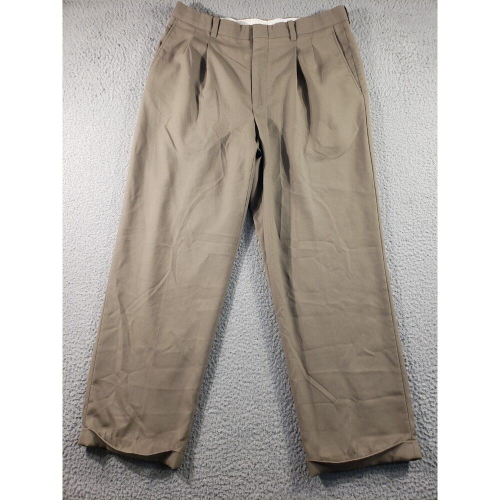 LL Bean Mens 35 Taupe Classic Fit 100% Wool Pants Pleated Pockets Straight 35x29